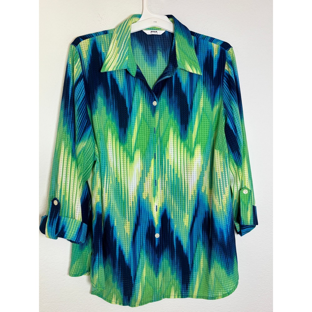 Alia Women Blue Green Ikat Chevron Button Down Shirt 3/4 Sleeve Textured Top